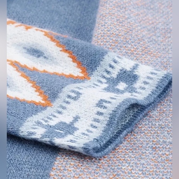 Cardigan Aztec Sweater ~ Long Sleeve Tribal Print Wool Knit Open Front in Blue - Picture 7 of 16